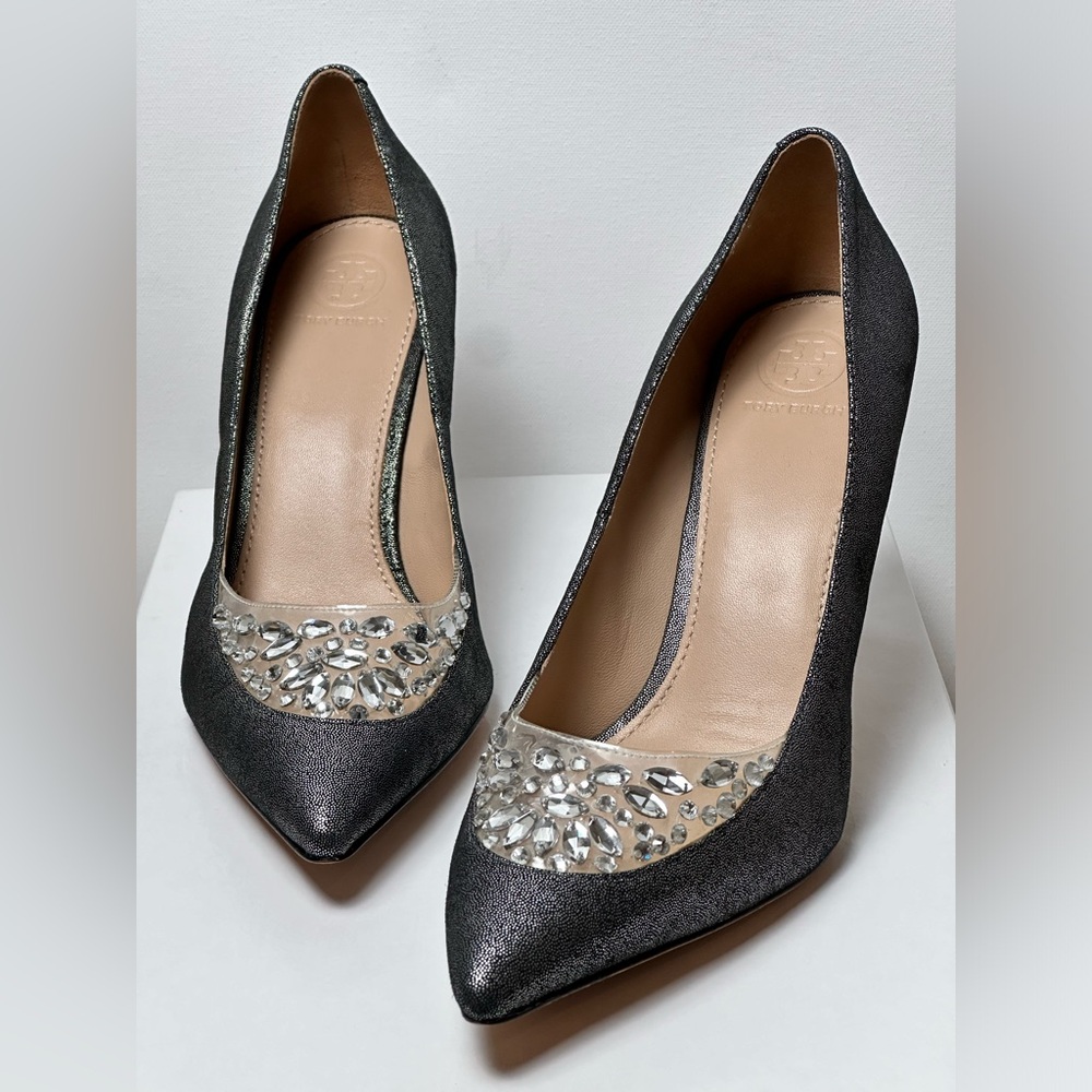 Tory Burch Delphine Pewter Crystal Elegant Jeweled Pointed Evening Shoe 9M